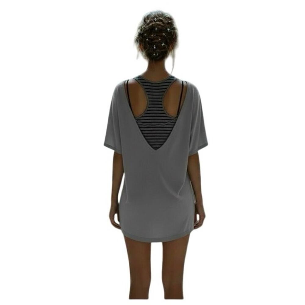 RBX size Medium Layered Look Racerback Athletic Gym Gray Stripe Workout Top GUC